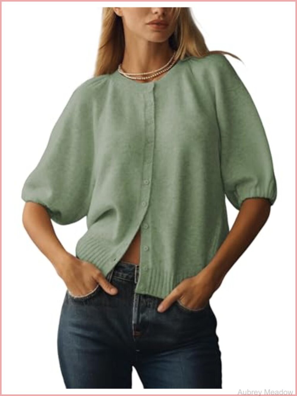 Women's Half Puff Sleeve Button Down Knit Cardigan